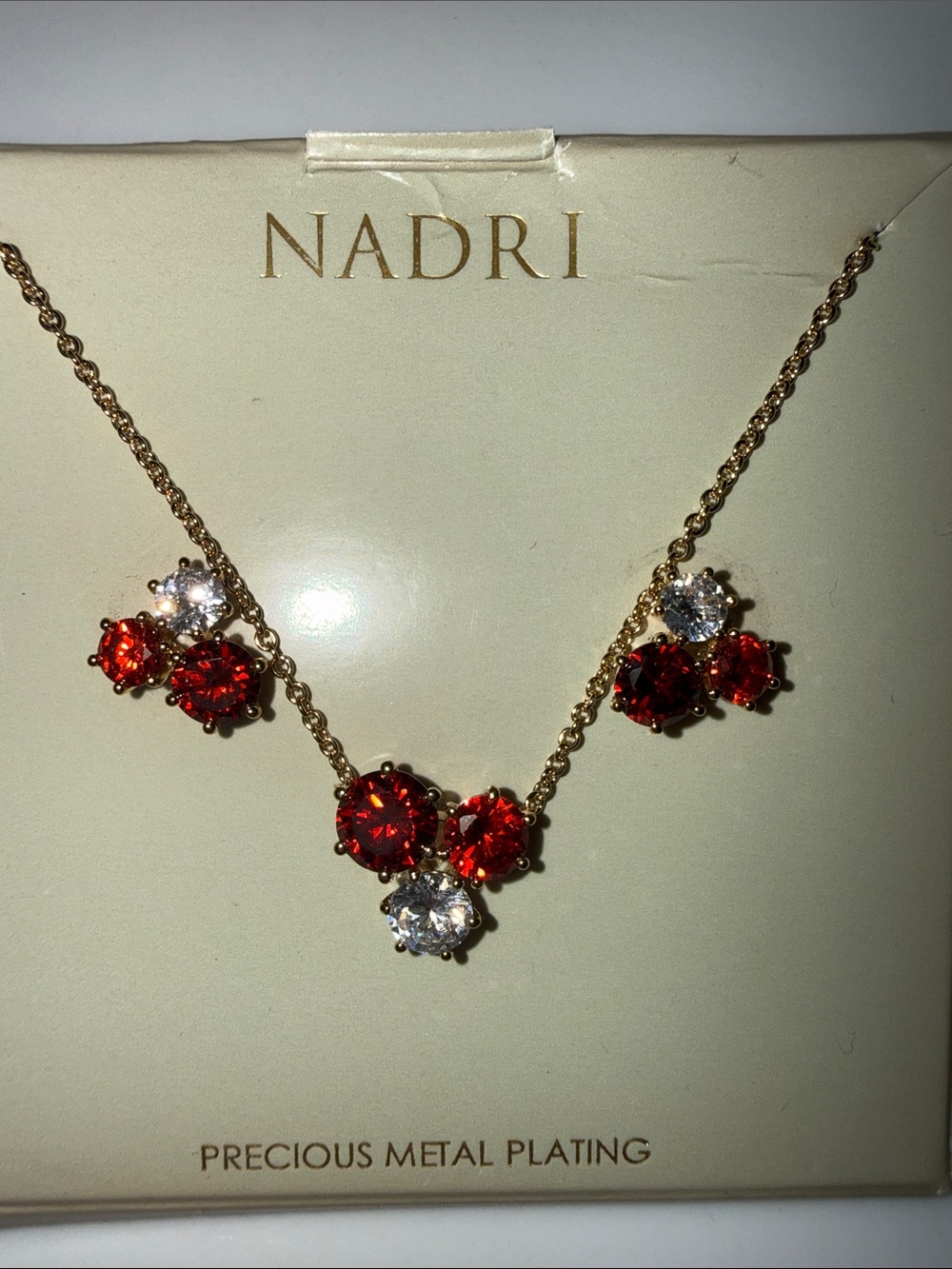 Nadri Red Crystal Cluster Necklace & Stud Earrings Set Gold Tone NWT Gift